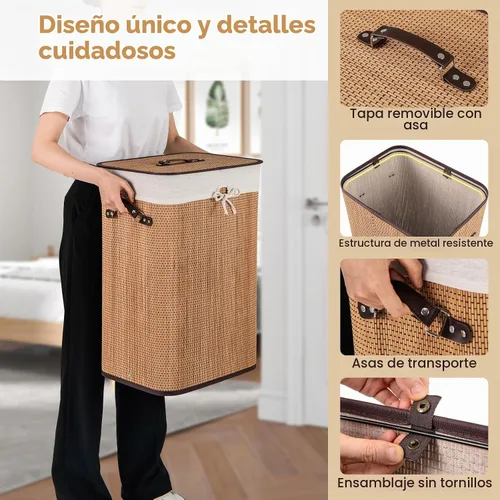 Vista 3 de Cesta de lavandería de bambú Giantex con tapa, cesta grande y alta de 72L para ropa con forro y asas extraíbles, cesta de lavandería rectangular