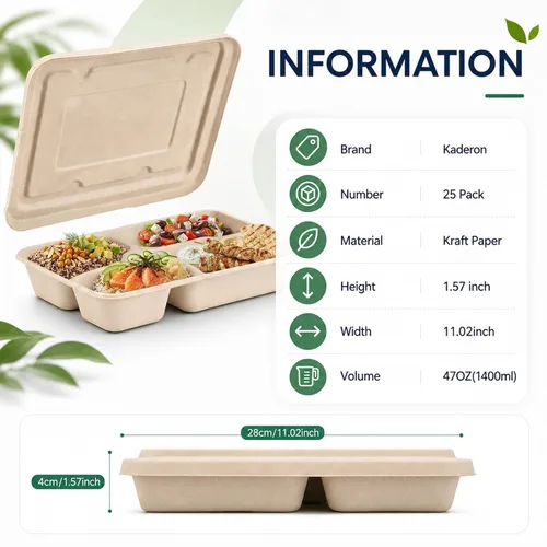 Vista 2 de Kaderron Contenedores de alimentos para llevar de 11 x 8.7 pulgadas con tapas, 4 compartimentos, paquete de 25 cajas desechables para llevar a
