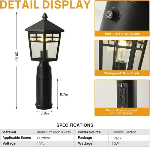 Vista 2 de Lámpara de poste para exteriores del atardecer al amanecer con salida GFCI, moderna iluminación de poste de aluminio impermeable, linterna de poste
