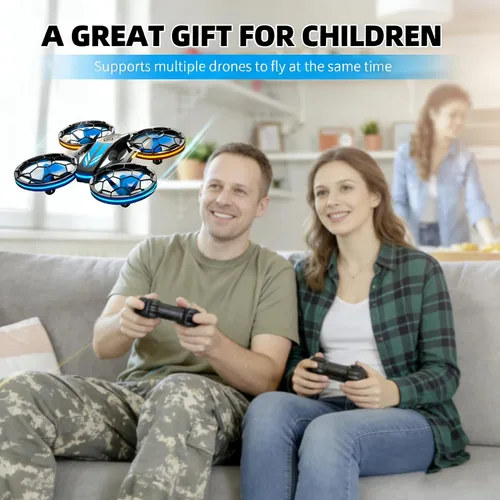 Vista 3 de Drones - Drone RC con auto flotante y modo sin cabeza, cuadricóptero con luz LED, hélice de protección completa, giros 3D, 3 baterías, control