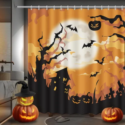 Vista 8 de MEHOFOND Cortina de ducha de murciélagos espeluznantes para Halloween, diseño de murciélago volador, cortina de baño decorativa de Halloween