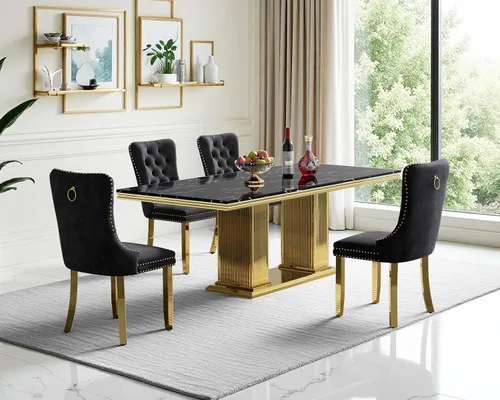 Vista 33 de Juego de mesa de comedor de mármol para 4, mesa de cocina rectangular de mármol negro de 68 pulgadas con base en H de acero inoxidable dorado, juego