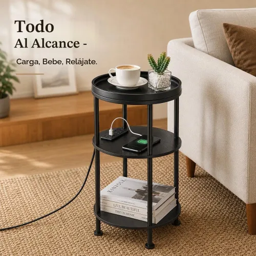 Vista 3 de Mesa auxiliar redonda pequeña con estación de carga para espacios pequeños, mesa decorativa de 3 niveles con puertos USB y tomas de corriente, mesa