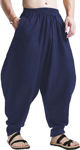 Vista 15 de perdontoo Pantalones harén para hombre, ajuste holgado, cintura elástica, cordón ajustable, pantalones hippie Aladdin beige