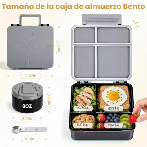 Vista 6 de Lonchera Bento para Niños con Termo para Sopa de 8oz, Contenedores de Comida para Almuerzo Impermeables para Niños con 4 Compartimentos, Tarro Negro