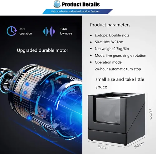 Vista 4 de NEWTRY Bobinadora automática de relojes dobles con motor silencioso de luz azul para relojes, adaptador de CA o funciona con pilas, para hombres