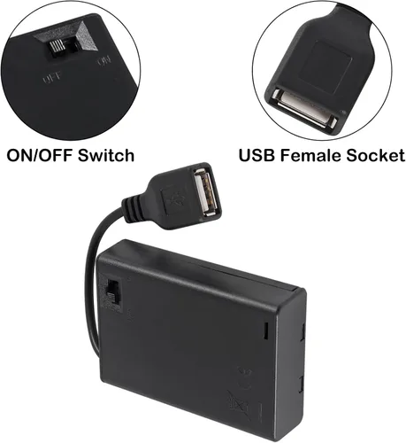 Vista 3 de 4 soportes para 3 pilas AA, 3 pilas AA 4.5-5V con cubierta e interruptor de encendido/apagado, cable USB