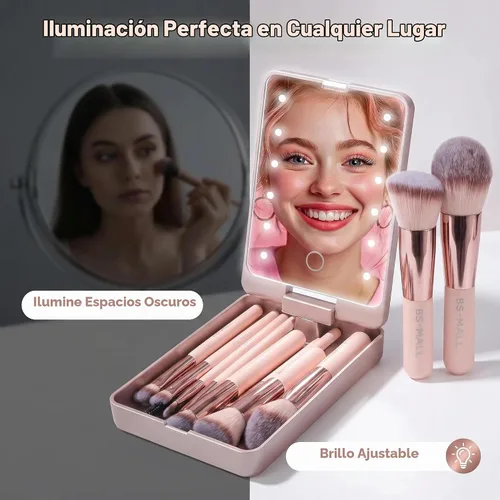 Vista 3 de BS-MALL - Set de brochas de maquillaje con espejo LED, 14 piezas, base en polvo, correctores, sombras de ojos, mini brochas de maquillaje (APINK)