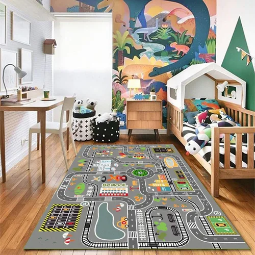 Vista 2 de Alfombra de juego para automóvil, ideal para jugar con autos y juguetes, alfombra de sala de juegos para niños con respaldo de goma, área