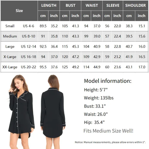 Vista 7 de Cherrydew Camisones para mujer, de viscosa de bambú, suave, de manga larga, con botones, para dormir, tallas S-XXL