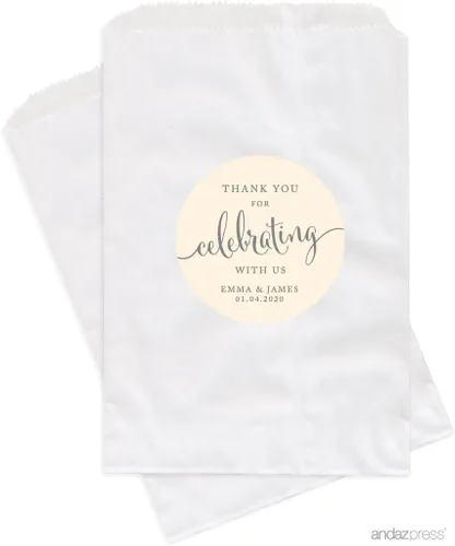 Vista 34 de Andaz Press Bolsas de regalo personalizadas para mesa de postre, agradecimiento por celebrar con nosotros, aguamarina, paquete de 24, personalizadas
