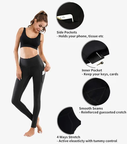 Vista 4 de Lingswallow - Pantalones deportivos de tiro alto para yoga, diseño elástico en 4 direcciones con control de abdomen y bolsillos, leggings