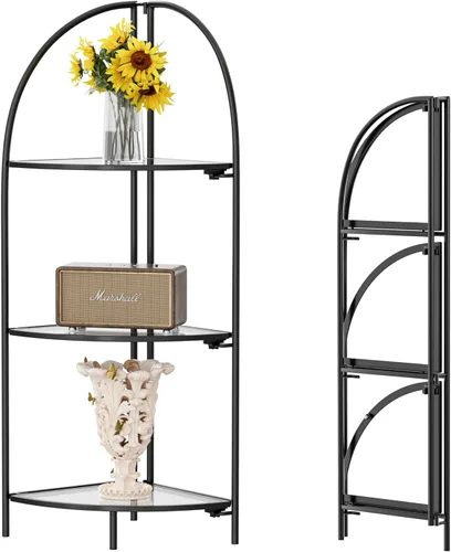 Vista 19 de Crofy Estante esquinero plegable de 3 niveles, soporte de esquina de metal para plantas con marco negro y estantes negros, estante de exhibición