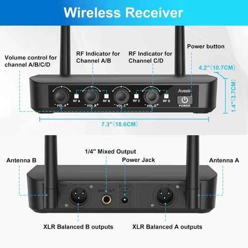 Vista 7 de Aveek Sistema de micrófono inalámbrico con paquete de 4 micrófonos dinámicos de mano, alcance de 262 pies, batería de 40 horas, sonido de estudio