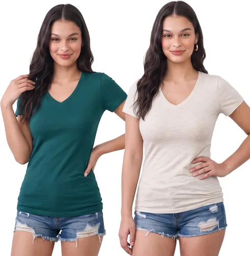 Vista 106 de Emmalise Camiseta de manga corta para mujer, cuello en V, tallas junior y plus