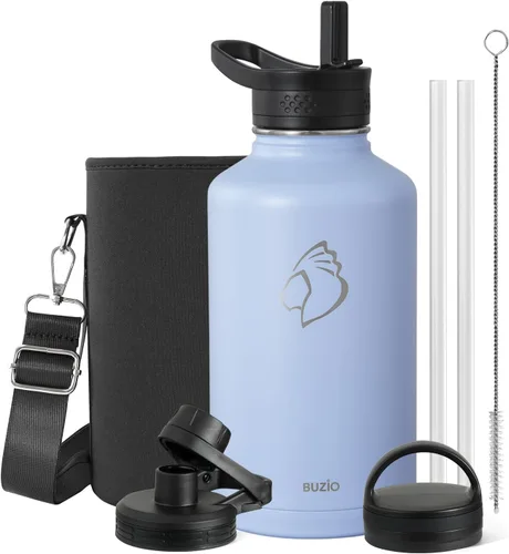 Vista 20 de BUZIO Botella de agua de 32 onzas aislada con popote y 3 tapas y bolsa de transporte, a prueba de fugas, frasco jarra de agua de acero inoxidable