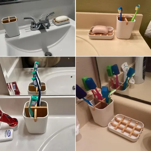 Vista 7 de Juego de soportes para cepillos de dientes y jabonera, accesorios de baño Negro