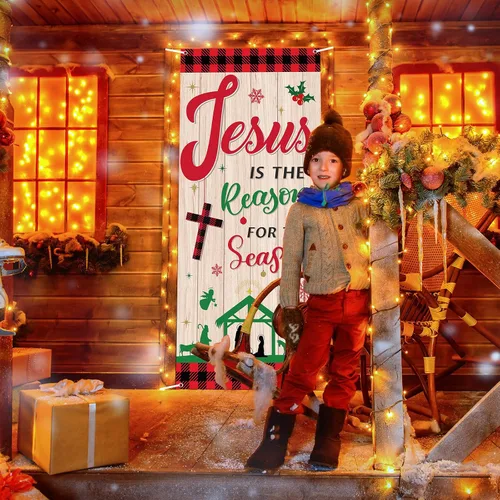 Vista 4 de Cubierta de puerta religiosa de Jesús de Navidad, telón de fondo para puerta de fiesta de Navidad con texto en inglés «Jesús es la razón
