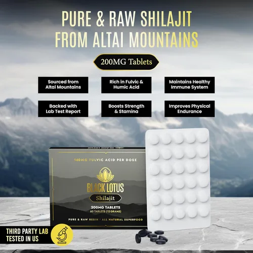 Vista 7 de Black Lotus Shilajit Tabletas de resina, 60 unidades, 200 mg cada uno, 100% Shilajit natural puro para hombres y mujeres con aminoácidos, 140 mg