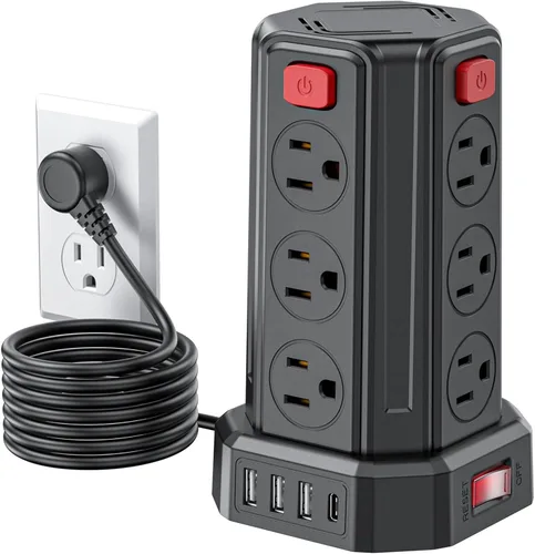 Vista 8 de Tira de alimentación con protector de sobretensiones, cable de extensión de 6.5 pies con 12 tomas múltiples de CA, 4 USB (1 USB C), estación de Negro