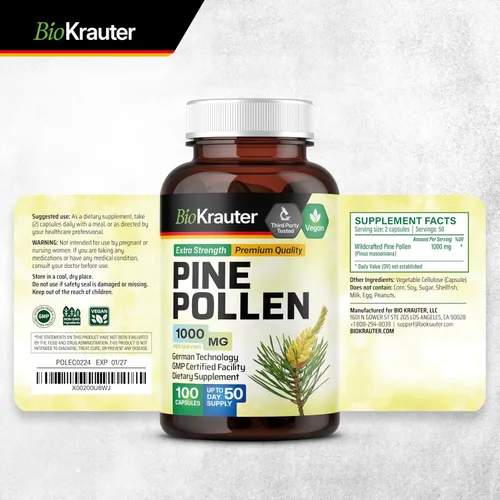Vista 9 de BIO KRAUTER® Polen de pino para el apoyo de los hombres, extracto de polen de pino puro y vegano, 1000 mg por porción, suplemento de apoyo
