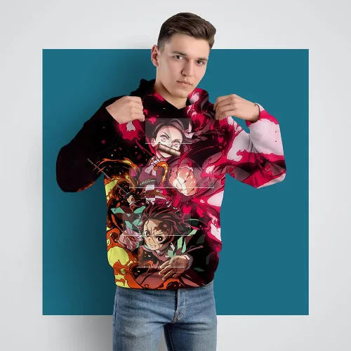 Vista 3 de Sudadera con capucha y bolsillo con estampado 3D de animé para hombre