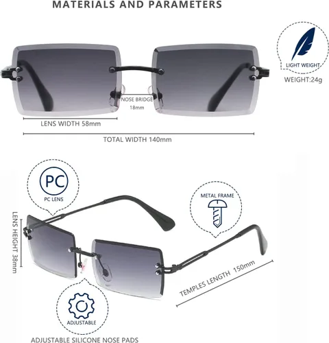 Vista 5 de LASPOR Gafas de sol rectangulares sin montura retro para mujeres y hombres, lentes teñidas de metal dorado, sin marco, gafas cuadradas vintage