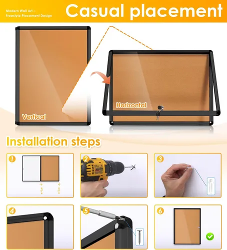 Vista 4 de Swansea - Tablero de anuncios de corcho con cierre Tamperproof, Shatter Resistant, Wall-mounted, Black Aluminum Frame, Display Board for Office