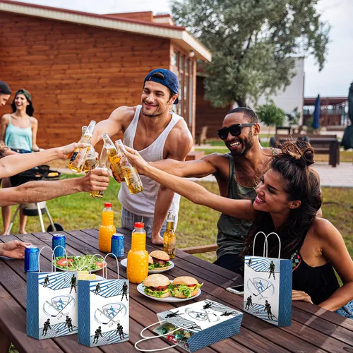 Vista 5 de 18 bolsas de regalo de papel de hockey para dulces, bolsas de golosinas temáticas deportivas con asa, recuerdos de fiesta para celebración, juego