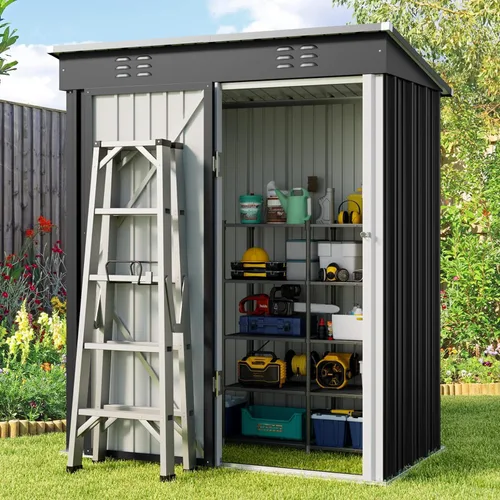 Vista 13 de Gizoon Cobertizo de almacenamiento para exteriores de 8 x 6 pies, cobertizo de jardín de metal galvanizado con puertas dobles con cerradura, Marrón