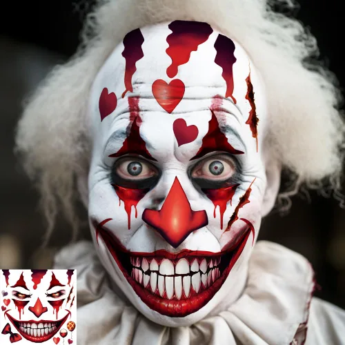 Vista 3 de 5 hojas de tatuajes faciales aterradores de Halloween + 1 hoja de tatuaje de cicatrices falsas, tatuaje de boca sangrienta, maquillaje de zombi