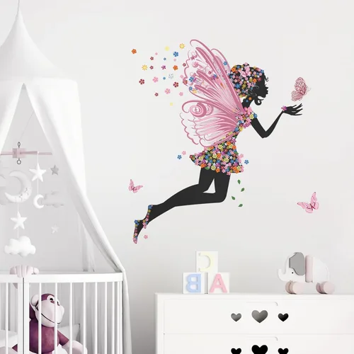 Vista 2 de Calcomanías de pared de mariposa para niña, calcomanías de pared de hadas de flores, calcomanías de vinilo extraíbles para niñas, bebés, guardería