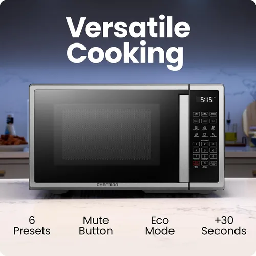 Vista 2 de Horno de microondas de mostrador Chefman 0.9 pies cúbicos. Microondas digital de acero inoxidable de 900 vatios con 6 ajustes preestablecidos, modo
