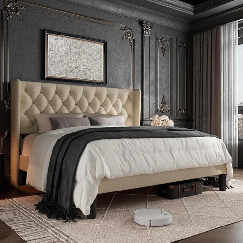 Vista 9 de GalnFu Base de cama tamaño full con cabecera capitoné con botones, base de cama plataforma tapizada con almacenamiento debajo de la cama, soportes