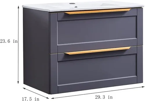 Vista 2 de Vanidad flotante de 30 pulgadas, juego de tocador de baño de montaje en pared azul, tocador de baño moderno con fregadero, armario de baño combinado
