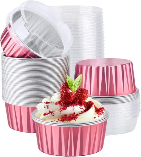 Vista 9 de EUSOAR Vasos para cupcakes con tapas, paquete de 50 forros para magdalenas de 5 onzas de colores surtidos, moldes desechables de papel de aluminio 5