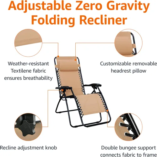 Vista 4 de Amazon Basics - Silla de patio para exteriores con gravedad cero, acolchada, reclinable, plegable y ajustable, con almohada, de Textilene, sillas