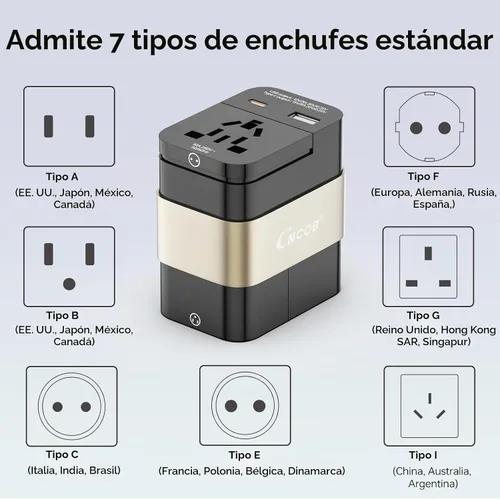 Vista 6 de Adaptador de viaje universal de 45 W, GaN Fast Wall Charger Outlet con puertos PD 3.0 USB-C y USB-A, adaptador de enchufe protegido contra