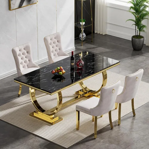Vista 2 de Juego de 5 mesas de comedor, juego de mesa de cocina y comedor para 4, mesa de comedor rectangular de mármol sintético negro de 70 pulgadas con base