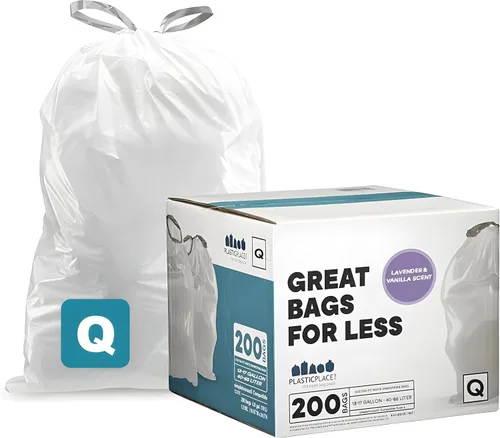 Vista 9 de Plasticplace Revestimientos para botes de basura con aroma a lavanda y vainilla suave con cordón blanco, compatibles con Code Q (200 unidades) │