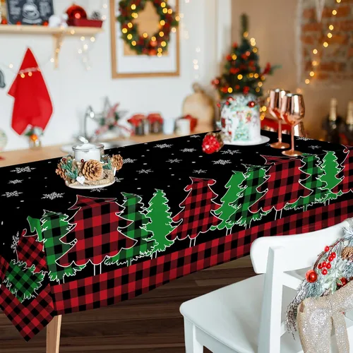Vista 5 de pinata Manteles de Navidad de 52 x 70 pulgadas, mantel rectangular con diseño de árboles de Navidad, diseño de búfalo negro, a cuadros, oblongos