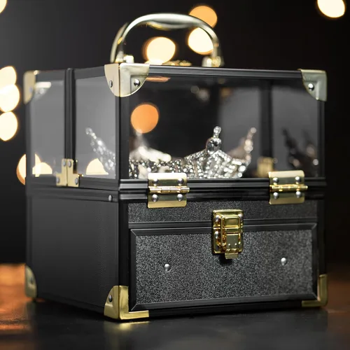 Vista 2 de Exhibición de caja de corona, tiara y faja, estuche de viaje con asa, estuches de almacenamiento para concursos y joyas (negro y dorado)