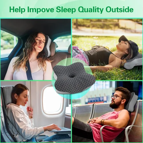 Vista 7 de Almohada de viaje para dormir, almohadas ergonómicas de apoyo cervical para el cuello, almohada de viaje de espuma viscoelástica ligera para Negro