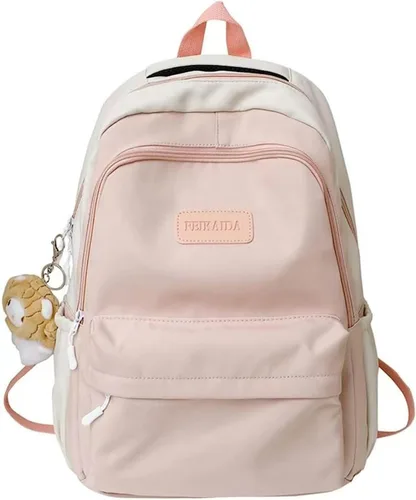 Vista 9 de Mochila estética linda Kawaii con colgante de 15.6 pulgadas, linda mochila universitaria para computadora portátil, mochila preparada, Negro