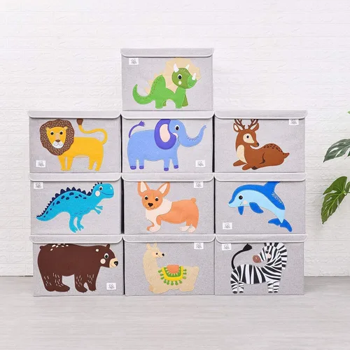 Vista 6 de Cofre plegable grande de juguetes para niños con tapa abatible, organizador de almacenamiento de juguetes de animales de tela plegable, contenedor