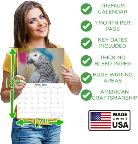 Vista 4 de Calendario de grises africanos 2025 2026 – Planificador mensual de pared de aves africanas – 12 x 18 pulgadas (abierto), calendario de pared