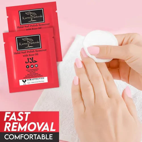Vista 2 de Karma Halal - Toallitas removedoras de esmalte de uñas con aceite de rosa; no tóxicas, veganas, libres de crueldad, paquete de 10