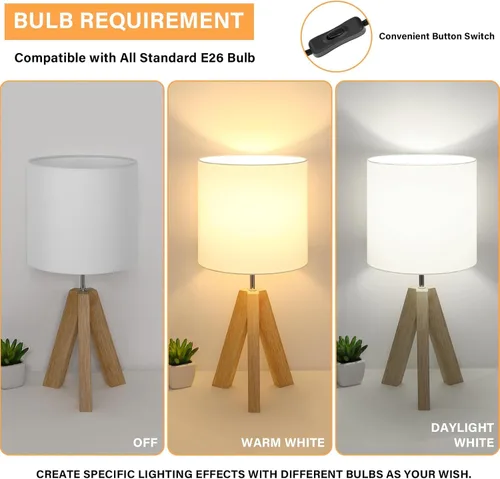 Vista 2 de Lámpara de mesa pequeña de madera, lámpara de mesa de trípode de madera con pantalla de tela blanca, linda lámpara de mesa boho minimalista