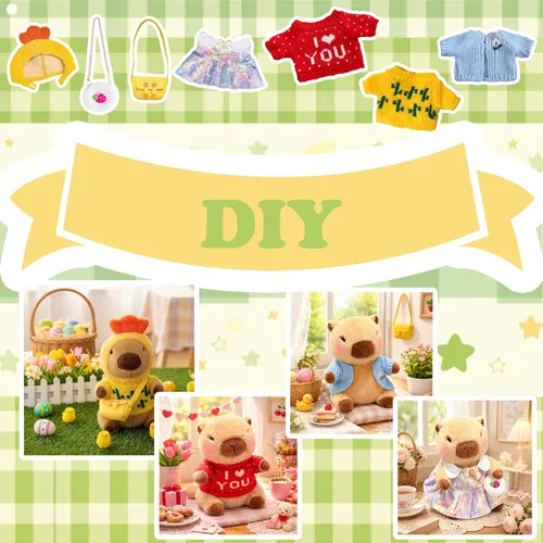 Vista 4 de Capybara - Juguete de peluche con 7 piezas de ropa y accesorios, lindo animal de peluche Capybara con trajes (marrón)