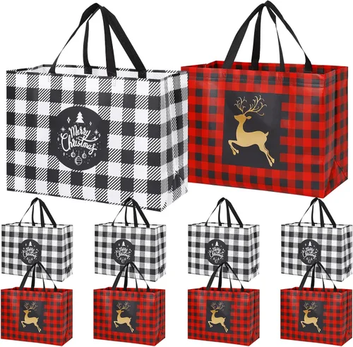 Vista 8 de YANGTE Paquete de 16 bolsas de regalo de Navidad extra grandes, bolsas reutilizables con asa, bolsas de compras de comestibles de Navidad no tejidas